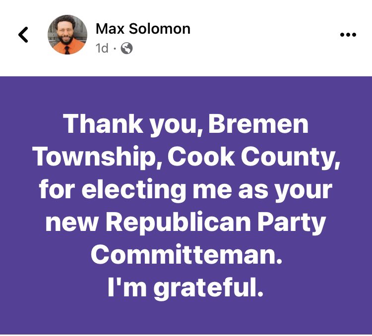 Max4Gov's tweet photo. Congratulations @MmaxSolomon Committeeman for Bremen Township Cook County IL!!! 
Time to take back Cook County!!!! It’s not over ! It’s just the Beginning 👏🏽👏🏽👏🏽@LatashaHFields @TeamWin4IL https://t.co/9TwEY6XD4g