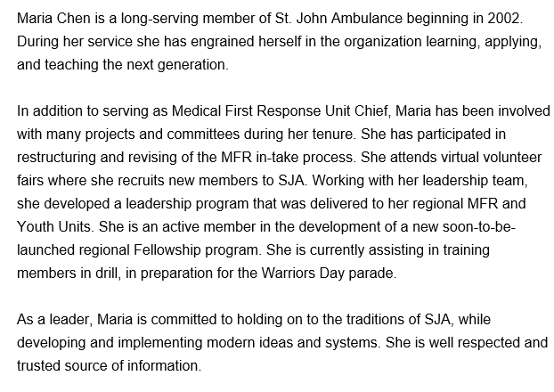 Congratulations to Maria for being featured in St. John Ambulance Ontario's - Women in Leadership Nominees to Highlight Initiative! We are so lucky to have Maria as a Unit Chief and are so thankful for all that she does!