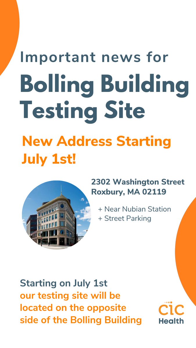Hey, Boston! We’re moving, but don’t worry — it’s not far. On July 1, the COVID-19 testing site in the Bruce C. Bolling Building will move just to the other side of the building. Our new address is 2302 Washington Street. Thank you for testing and keeping your community safe!