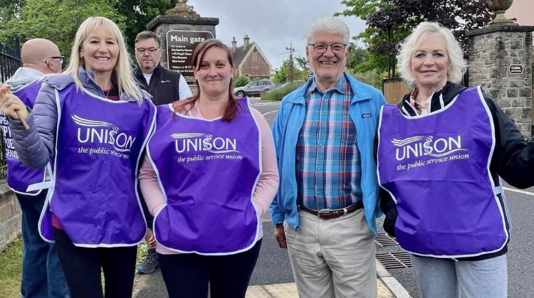 North Somerset and Bristol Branch in UNISON supporting StMonica’s Strike yesterday at Sandford. Shame on St.Monica’s which used to be a good place to work! Ian lurking in the back 😂next Strike day Sat 2nd July  <a href="/unisontheunion/">UNISON - UK's largest union</a> <a href="/UNISONSW/">UNISON South West</a> #StMonicaStrike #fairpay #carers #strike