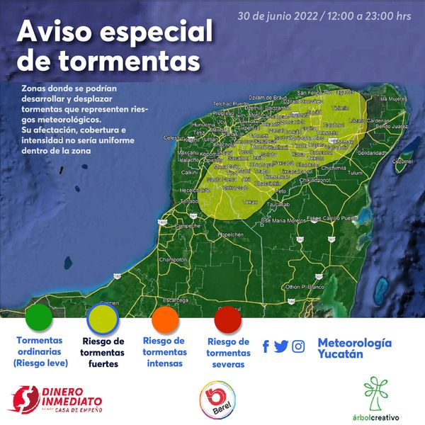 ClimaYucatan's tweet photo. ⛈️⚠️AVISO ESPECIAL DE TORMENTAS 
Para este jueves se espera en el estado de #Campeche y #Yucatán: 
🟡Riesgo de tormenta fuerte 
-Lluvia fuerte 
-Viento fuerte 
-Actividad eléctrica abundante 
Válido para zonas y ciudades señaladas en el gráfico. https://t.co/ySJSrhXoNP