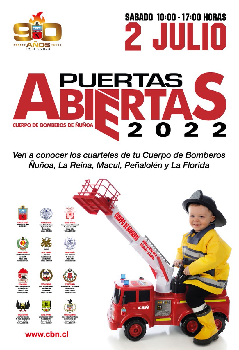 Este sábado 2 de Julio tenemos Puertas Abiertas con la comunidad.

Ven junto a tu familia a conocer nuestros cuarteles ubicados en las comunas de Ñuñoa-La Reina-Peñalolén-Macul- La Florida.  
de 10:00hrs hasta las 17:00hrs

Más información cbn.cl #EstamosAlerta