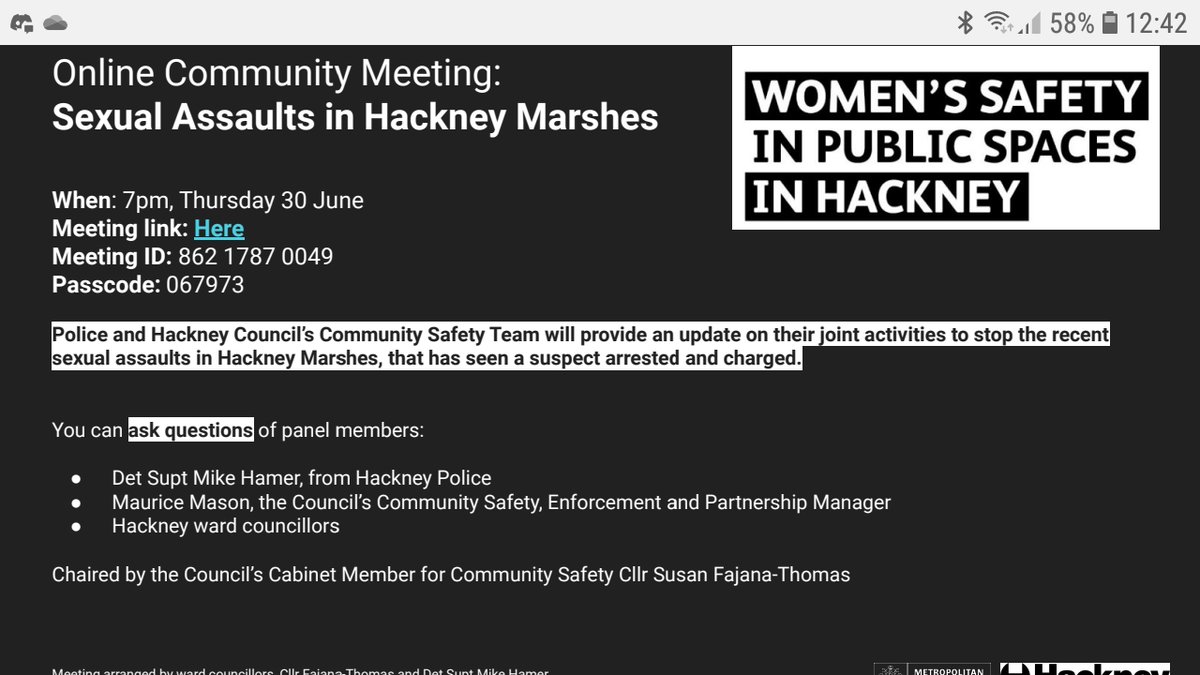 Very short notice... this evening - Police Meeting, prompted by assaults on Hackney Marshes, regarding women's safety in Hackney.