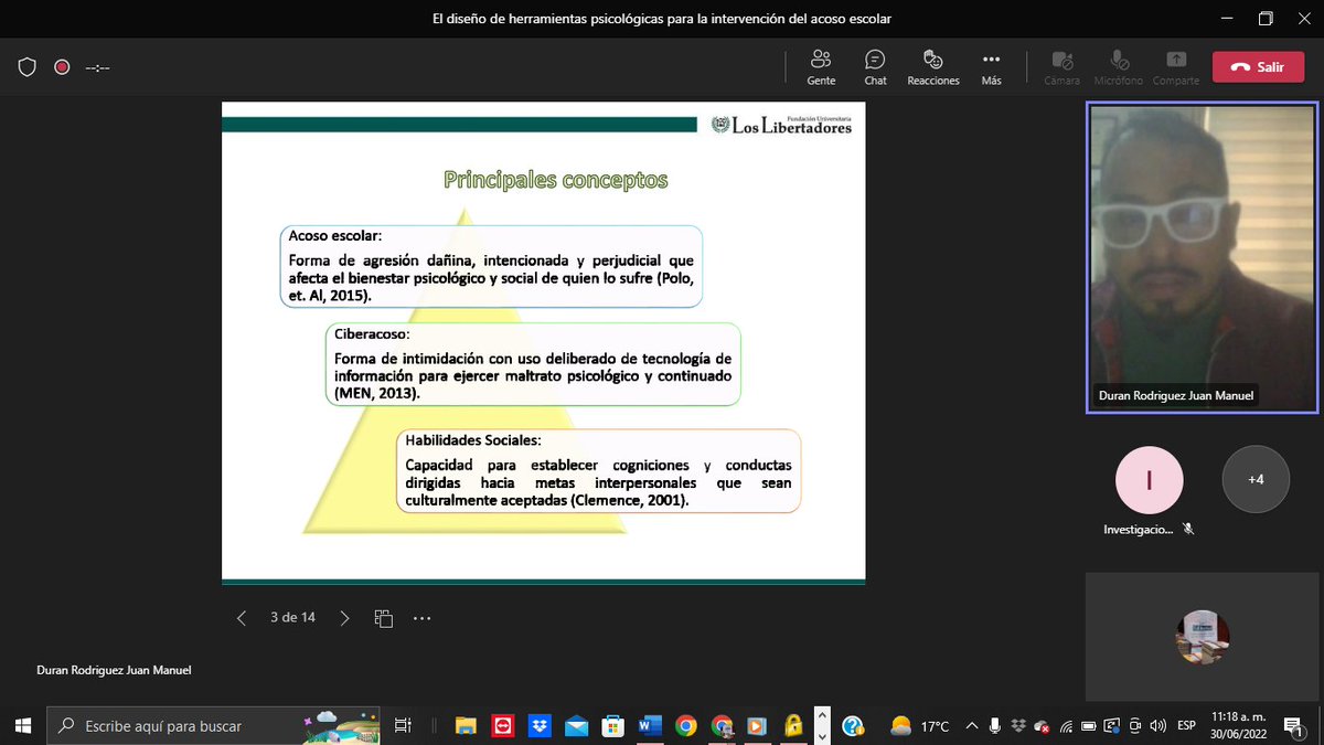 DirInves_FULL's tweet photo. En este momento Juan Manuel Durán profesor del programa de Psicología de @UniLibertadores realiza su intervención en el #FULLWebinar [Diseño de herramientas psicológicas para la intervención del acoso escolar]. 
¡Conéctate! https://t.co/JCAP4exk0D https://t.co/kp4ise88fC