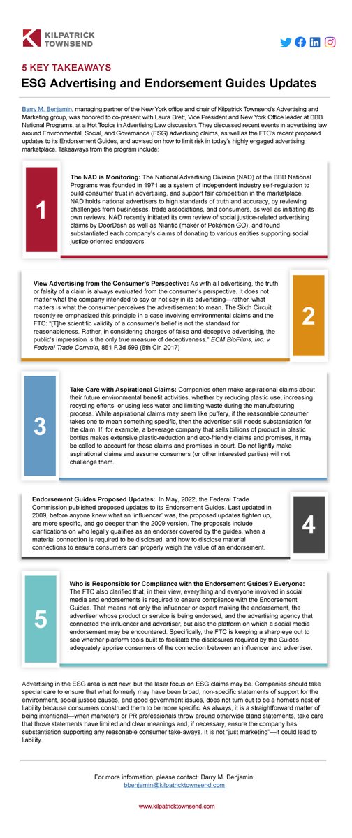NY Managing Partner Barry Benjamin (<a href="/KTS_AdLaw/">KTS Ad Law</a>) presented on recent events in ad law around ESG advertising claims, the FTC’s recent proposed updates to its Endorsement Guides, and how to limit risk in today’s highly engaged advertising marketplace. 

ow.ly/A5mB50JLN7j