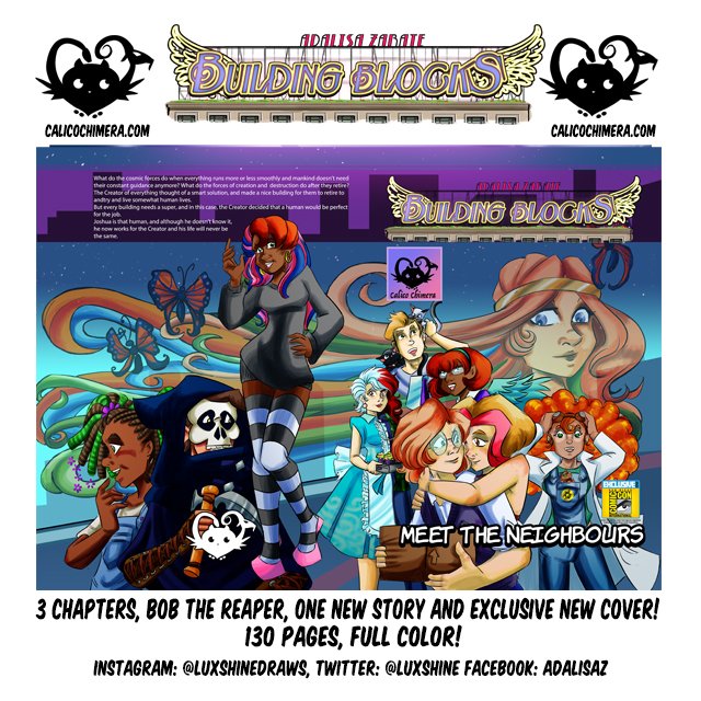 luxshine's tweet photo. Hey Everyone! If you are going to #ComicCon2022? You can get the first printed Volume of #BuildingBlockswebcomic with an #ExclusiveVariantCover! 130 pages, full color, at just $25.00 USD, Very limited run! Check it out at #ArtistAlley, table AA - 15!
#SDCC https://t.co/jzTq2Nc3YL
