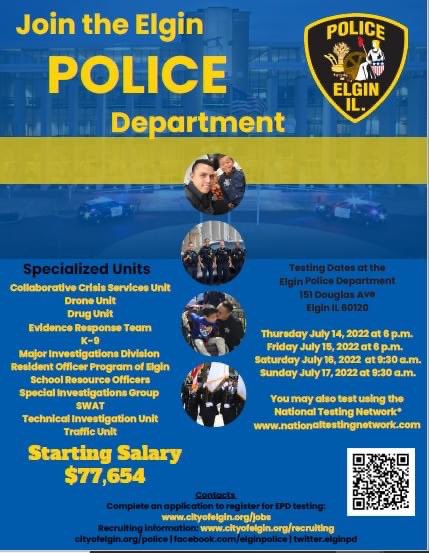 ElginPD's tweet photo. APPLY NOW!
The application process to become an Elgin Police Officer is now open! The flyer below contains information regarding our upcoming testing dates in July. It also features links to follow for additional information regarding qualifications. #BeEpd https://t.co/KTpCRLDF9r