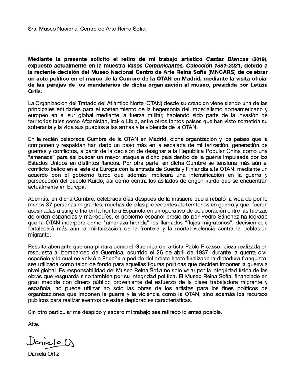 danillaortiz's tweet photo. Comparto mi carta enviada al Museo Reina Sofia solicitando se retire mi trabajo de la exposición "Vasos Comunicantes" debido a la decisión del museo de permitir la celebración de un acto político en el marco de la Cumbre de la OTAN utilizando el Guernica como telón de fondo. https://t.co/UOfY5QSOnm