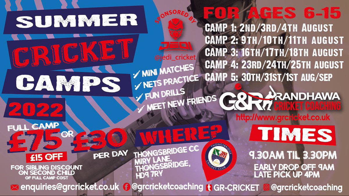 It's been an amazing take up so far of our 5️⃣ camps over this summer🙌
<a href="/ThongsbridgeCC/">Thongsbridge CC</a> 
• 
Its grown year on year and we can't wait to see some new &amp; familiar faces that will be joining us throughout August-Sept👏
•
BOOK NOW⬇️
grcricket.co.uk/cricket-camps