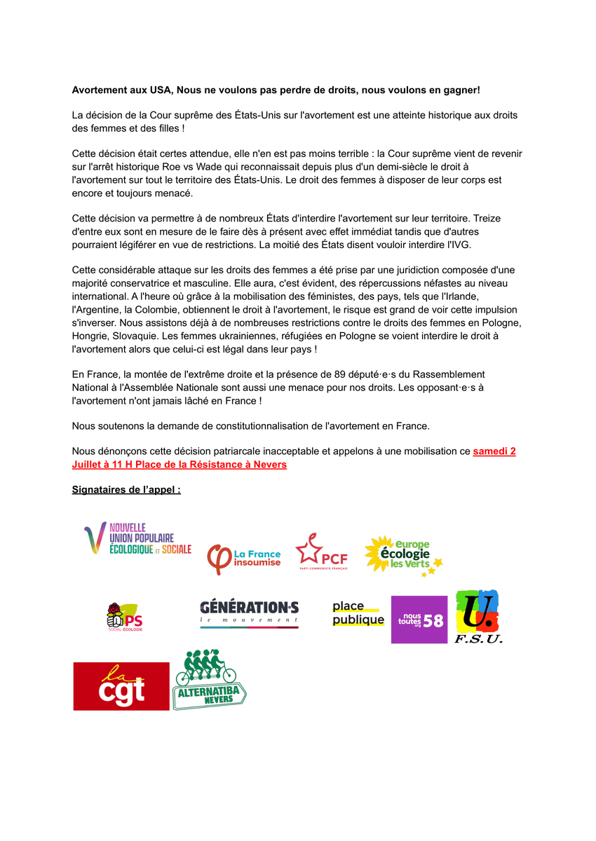 CharlneDlc_'s tweet photo. Avec les orgas de la #NUPES, les syndicats et les assos nous organisons un rassemblement samedi 2 juillet  à 11H place de la Résistance à #Nevers pour le droit à l'#IVG. 

Nous soutenons fortement la proposition de loi visant à mettre ce droit dans la constitution. https://t.co/5qO151WPJw