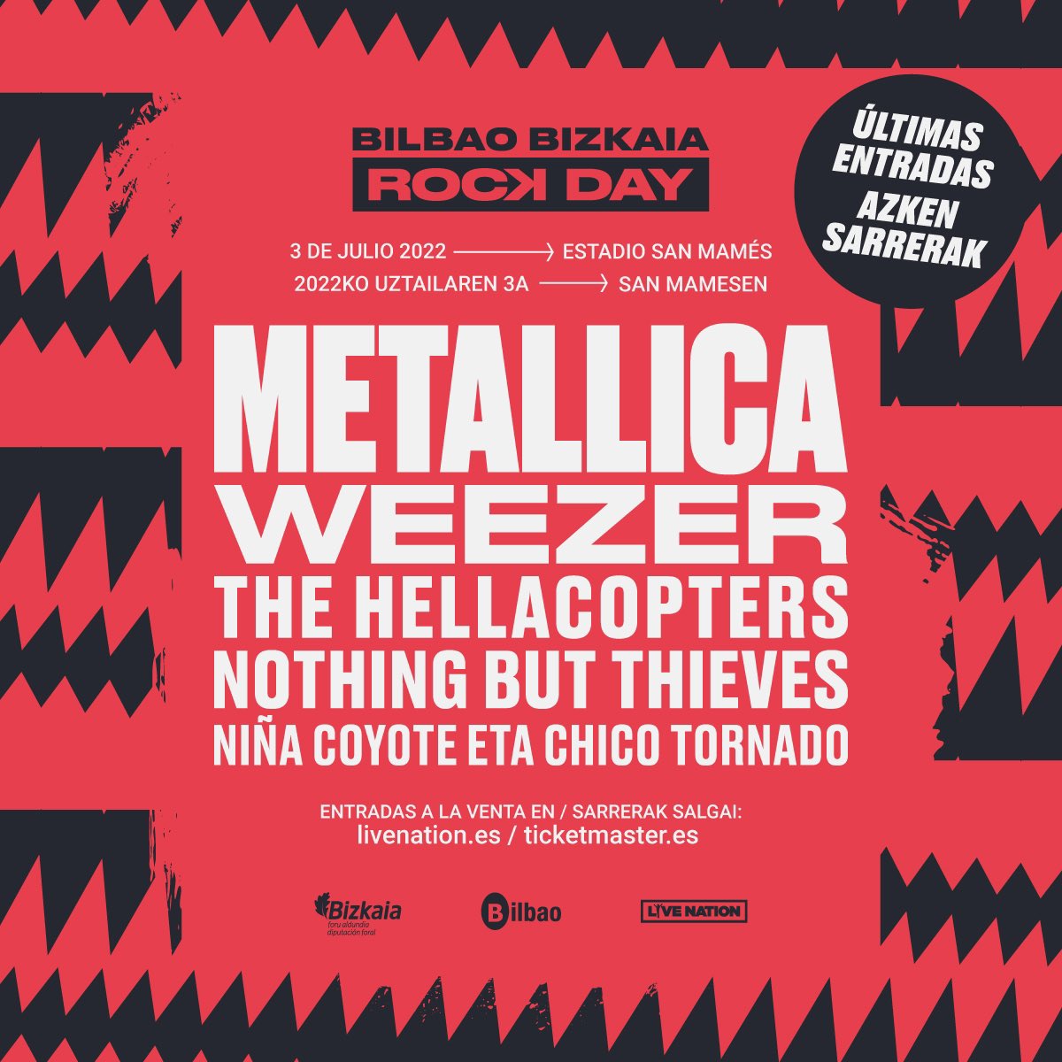 LiveNationES's tweet photo. 🔥¡Os confirmamos que Metallica estarán el domingo sobre el escenario del Bilbao Bizkaia Rock Day! 

✨ Niña Coyote eta Chico Tornado sustituyen a The Regrettes.

🎟 ¡Últimas entradas en https://t.co/Q9PRyJw9n8 https://t.co/mh1sNDir2r