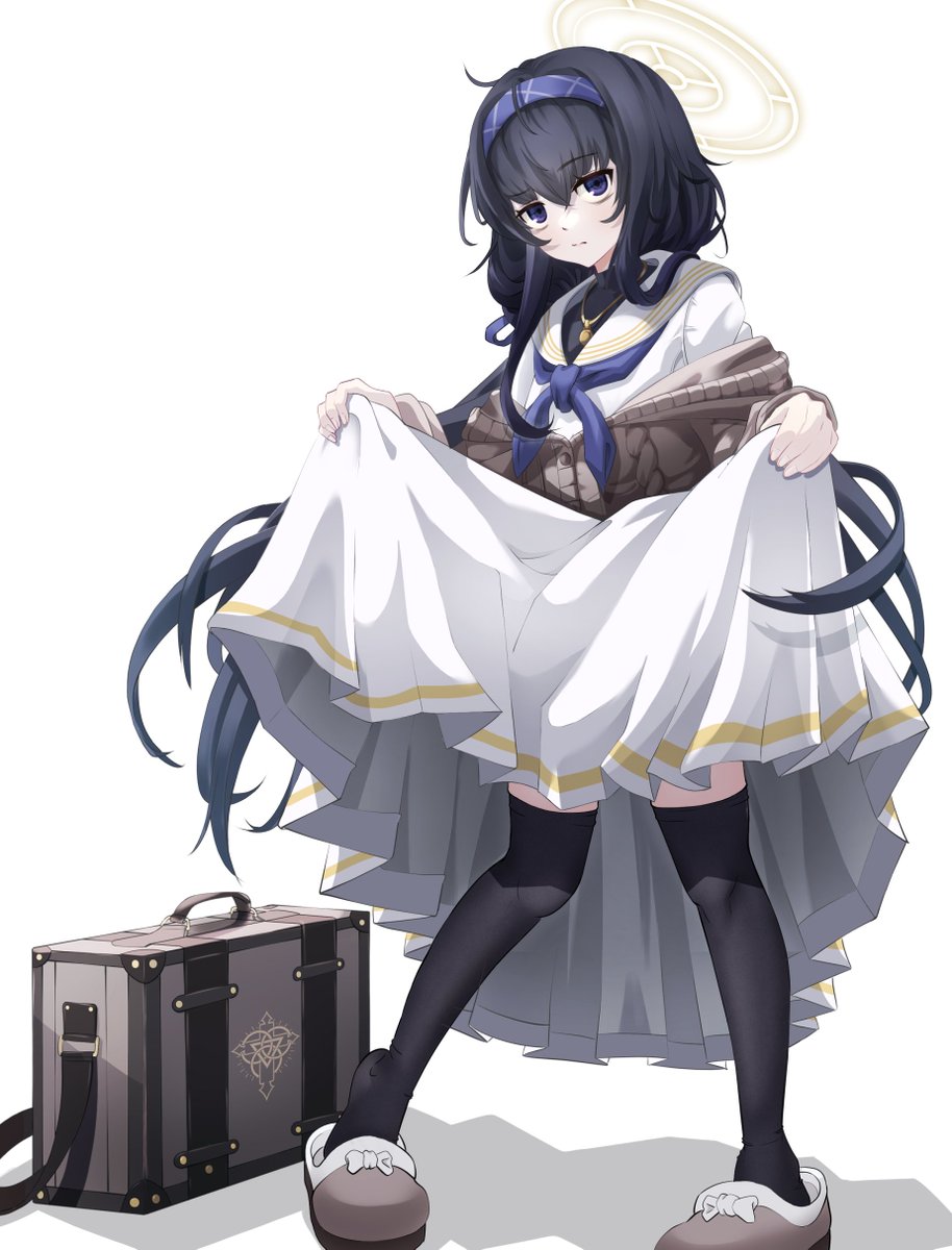 ui (blue archive) 1girl slippers solo long hair black hair thighhighs halo  illustration images