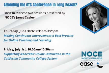 Janet Cagley from NOCE is presenting two sessions during the #OTC22 Conference. Don’t miss out to learn about continuous improvement and supporting online instructors! Stop by booth #320 after to hear more about how Ease Learning is working to support her online initiatives.