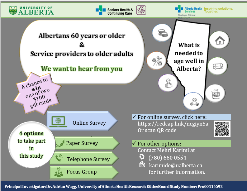 Mehrikarimi1's tweet photo. We need your help ❝to understand what things need to change to improve getting older in Alberta.❞ 
 Please respond to the survey ▶️ https://t.co/YmLnr7L5UT
&amp; enter into a prize draw for one of two 💲100 gift cards as a token of appreciation.

⏲️Takes ~20min
Please RT 🙏 https://t.co/g4GMZR2wv5