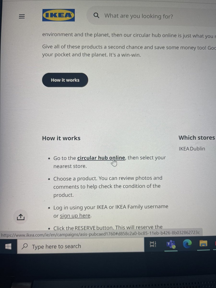 MMka_'s tweet photo. Hi @IKEAIE does circular hub online work? Not been able to see any product, the “ circular hub online” hyperlink does nothing, I’m stuck in this screen.. thanks! https://t.co/wBrw1wtHdB