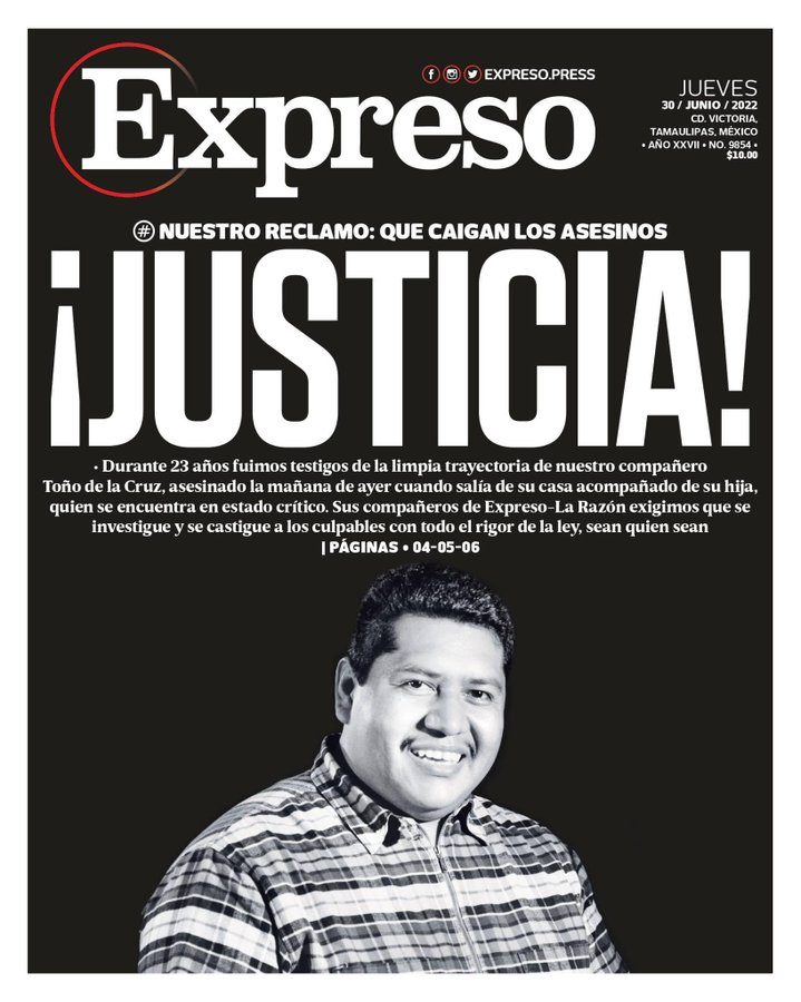 Impactante la portada del medio mexicano Expresso para reclamar justicia por el asesinato a tiros frente a su domicilio del periodista de esa empresa informativa Antonio de la Cruz.
#NoSeMataLaVerdad