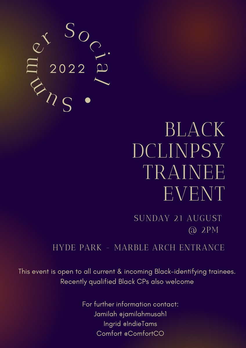 A chance to connect with the community of Black DClinPsy trainees. Also open to 2022 incoming trainees and those who’ve recently qualified. Feel free to share! Please contact <a href="/IndieTams/">Ingrid</a>, <a href="/ComfortC0/">C</a> or myself for further deets. RT 🖤✨