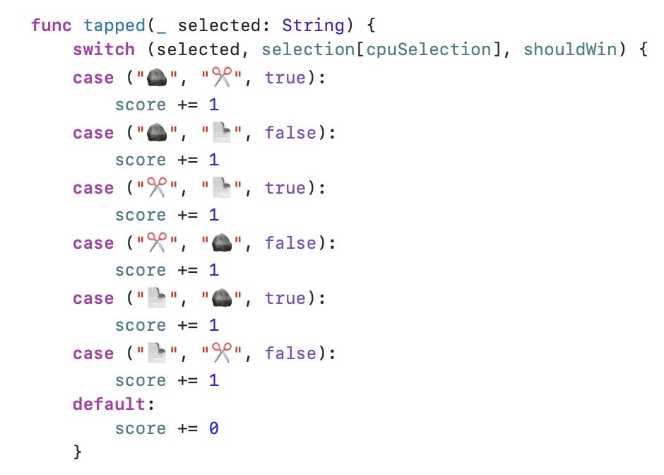 davidbenedic's tweet photo. @twostraws I went about the Rock, Paper, Scissors game a bit differently than your solution... any concerns using "switch case" with the selected String like I did here? #HackingWithSwift https://t.co/DGT0q0AsIb