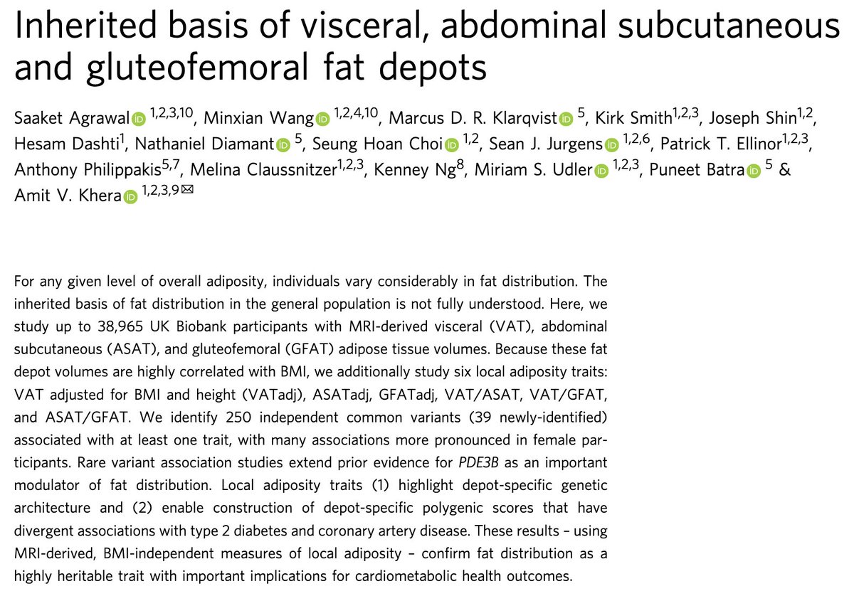 Amit V. Khera (@amitvkhera) on Twitter photo New in <a href="/NatureComms/">Nature Communications</a> led by @saaket_agrawal and <a href="/wallacemwang/">Wallace Wang</a>:
Inherited basis of visceral, abdominal subcutaneous and gluteofemoral fat depots
as quantified by MRI in ~40K participants of the UK Biobank
rdcu.be/cQH8u New in <a href="/NatureComms/">Nature Communications</a> led by @saaket_agrawal and <a href="/wallacemwang/">Wallace Wang</a>:
Inherited basis of visceral, abdominal subcutaneous and gluteofemoral fat depots
as quantified by MRI in ~40K participants of the UK Biobank
rdcu.be/cQH8u