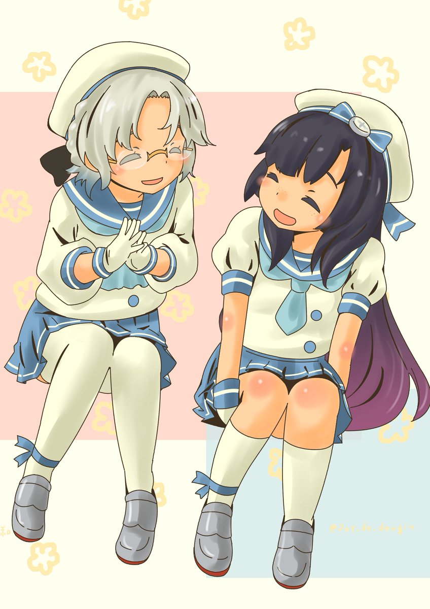 matsuwa (kancolle) multiple girls 2girls school uniform skirt hat thighhighs glasses  illustration images