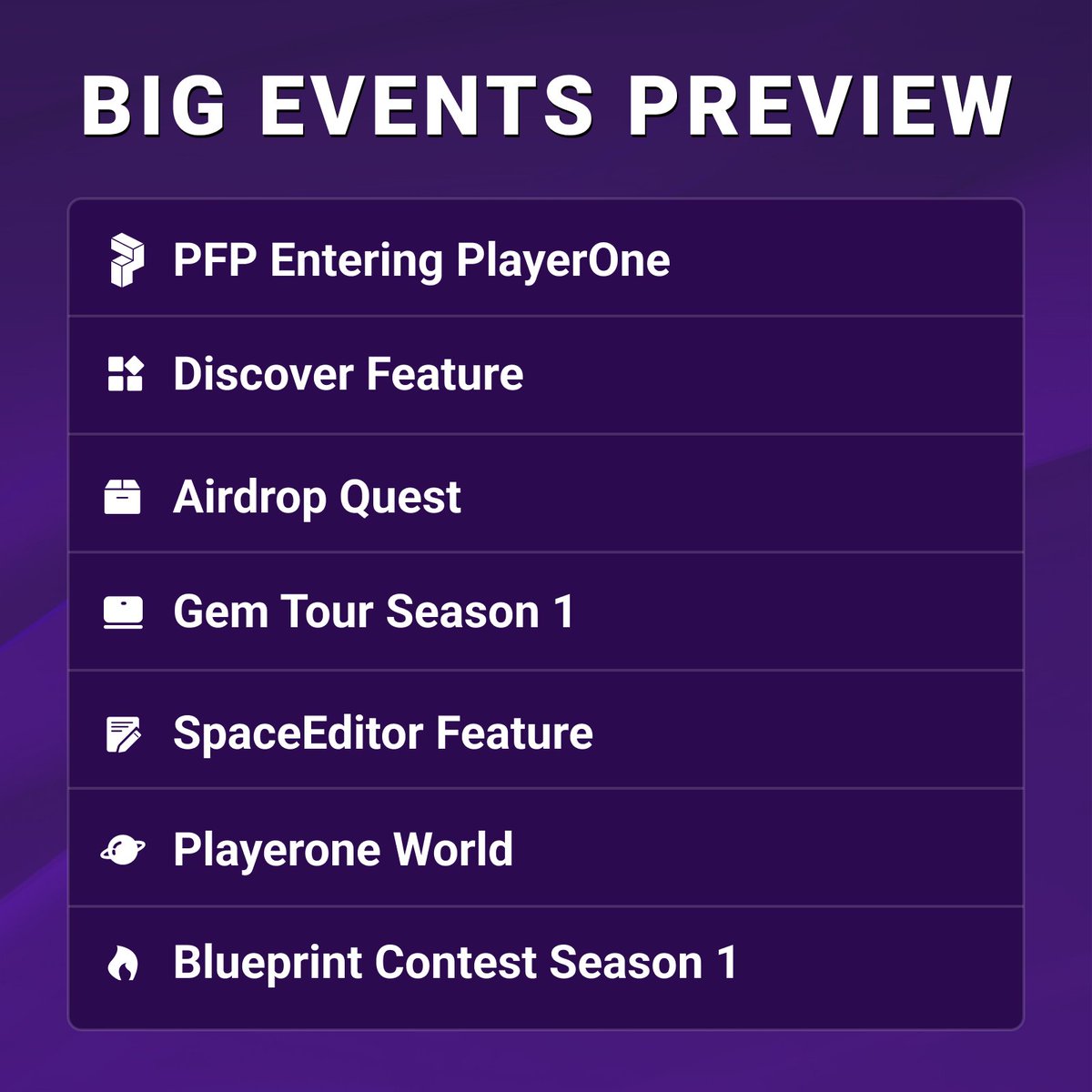 PlayerOneWorld's tweet photo. 🚀Many events will launch in PlayerOne #Metaverse 
 
Hype PFP come in, Discover Feature, Airdrops...🤯

👀Which event are you most looking forward to?

Like♥ + RT🐦+ Comment your favourite event 💬

Prize:
🎁1 x Mystery Box
⏰5 Winners in 24H https://t.co/hQroUbRWza