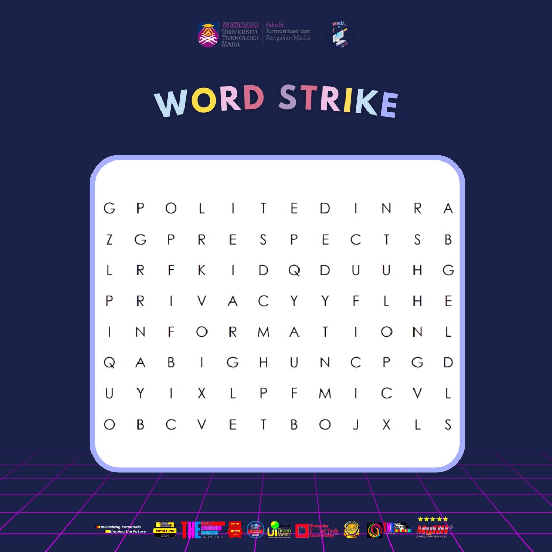 smediaunplugged's tweet photo. GAME 2 ALERT 🚨
Word strike - search the hidden words (total 4 words) and and answer in the comment section below 👇🏻
Goodluck! 🔥✨
#safetynet #securetheweb #webvirtues https://t.co/odayuubLu5