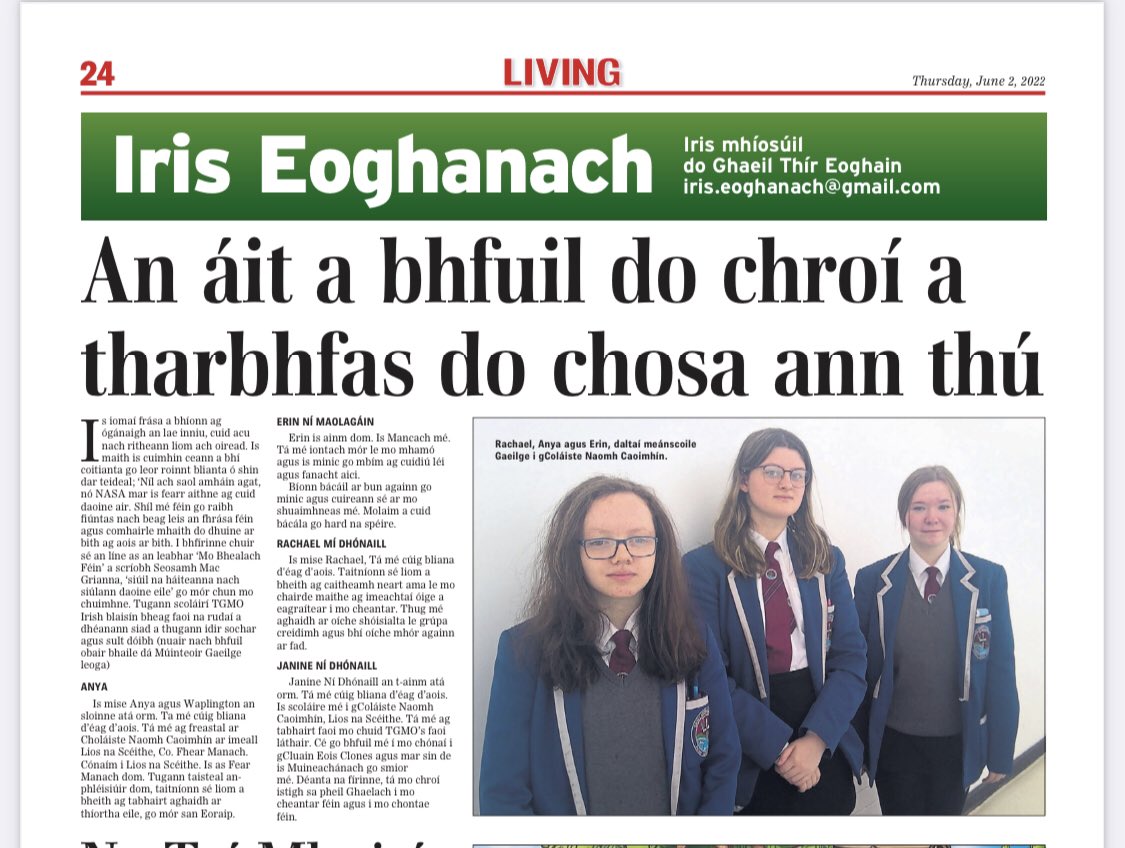 GaeilgeStKevins's tweet photo. Is maith Bn. 11 a bhí i mbun pinn le gairid. Scríobhadh píosa fá na rudaí ina bhfuil dúil as cuimse acu ann san eagrán de Iris Eoghanach. Maith sibh! @NICILT 
#ColáisteNaomhCaoimhín #FearManach #AnGhaeilge https://t.co/xE88c2DLt7