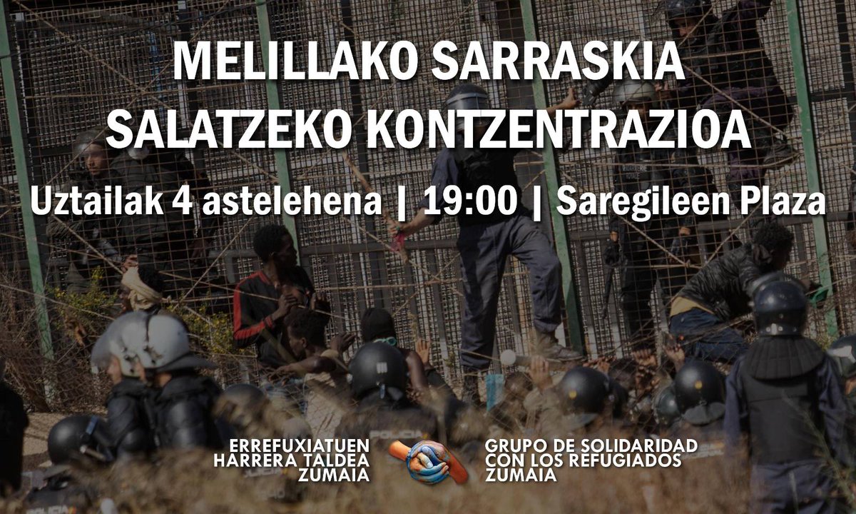 EHTZumaia's tweet photo. 🔴 MELILLAKO SARRASKIA SALATZEKO KONTZENTRAZIOA 🔴

🗓 Uztailak 4 astelehena
⏰ 19:00
📌 Saregileen Plaza https://t.co/U5CiMJA7Yk