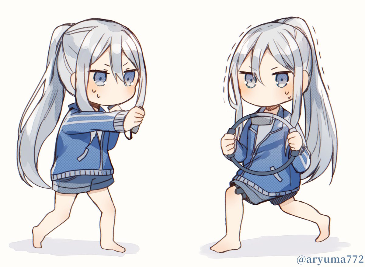 long hair ponytail shorts jacket blue eyes white background barefoot  illustration images