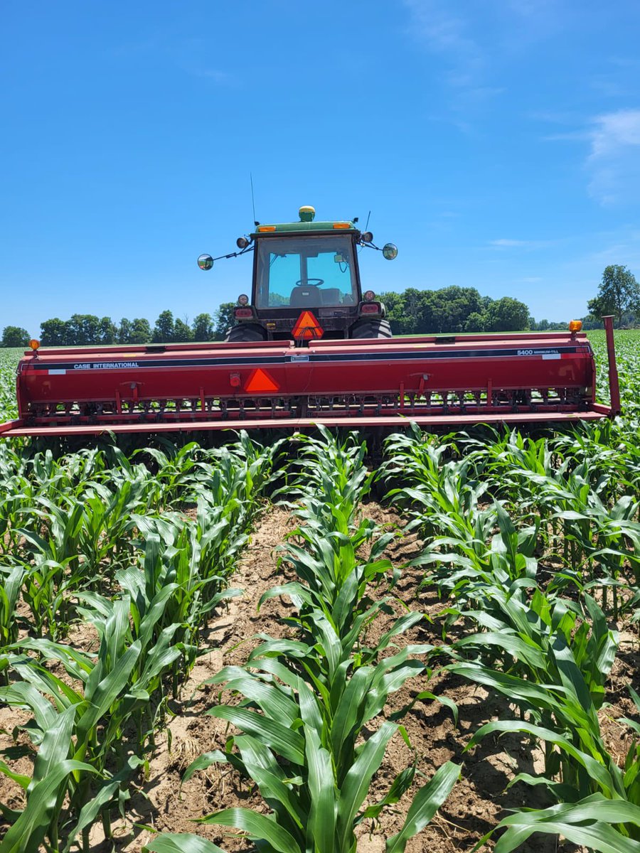 The 4455s been giving a new job! Jerry’s been contemplating  interseeding cover crops for years and this spring  the right drill came up for auction and here we are! #ontag