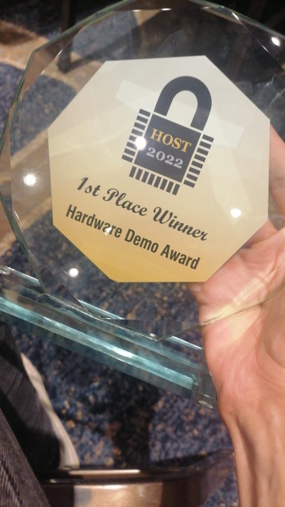 PLM_SHWSE's tweet photo. #HOST2022, #EMSE, @joseph_gravel #SideLine, 1st place winning Hardware Demo Award (for a pure Remote SW based HW attack)😀😀😀 Belle Colab Thales X EMSE https://t.co/S7cItdQZj9