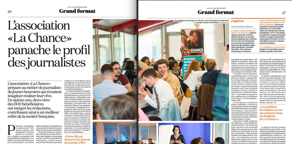 LA CHANCE (@lachance_media) on Twitter photo Aujourd’hui, <a href="/LaCroix/">La Croix</a> consacre une double page à La Chance !
"C'est une institution qui ne vous lâche pas !" 🧑🤝🧑
Retrouvez l'édition numérique ici : la-croix.com/JournalV2/Lass…
Si tu veux faire partie de la prochaine promo, dépose ton dossier sur notre site
👉lachance.media/candidature-la… Aujourd’hui, <a href="/LaCroix/">La Croix</a> consacre une double page à La Chance !
"C'est une institution qui ne vous lâche pas !" 🧑🤝🧑
Retrouvez l'édition numérique ici : la-croix.com/JournalV2/Lass…
Si tu veux faire partie de la prochaine promo, dépose ton dossier sur notre site
👉lachance.media/candidature-la…