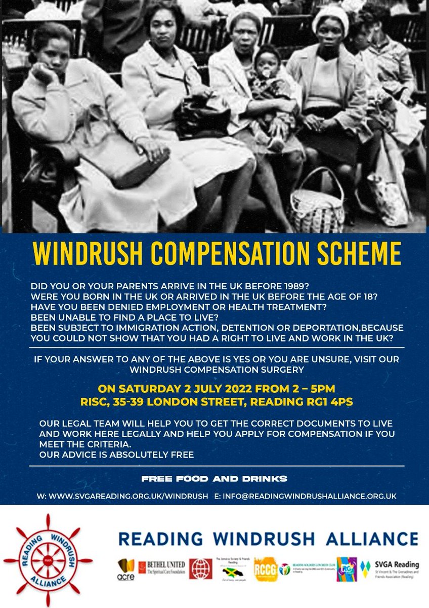 We will be holding a #Windrush information session this Saturday, 2 July in Reading. 

If you live in the area &amp; have ever experienced difficulties in proving your immigration status in the UK &amp; your life was impacted in some way, you are more than welcome to attend this event!