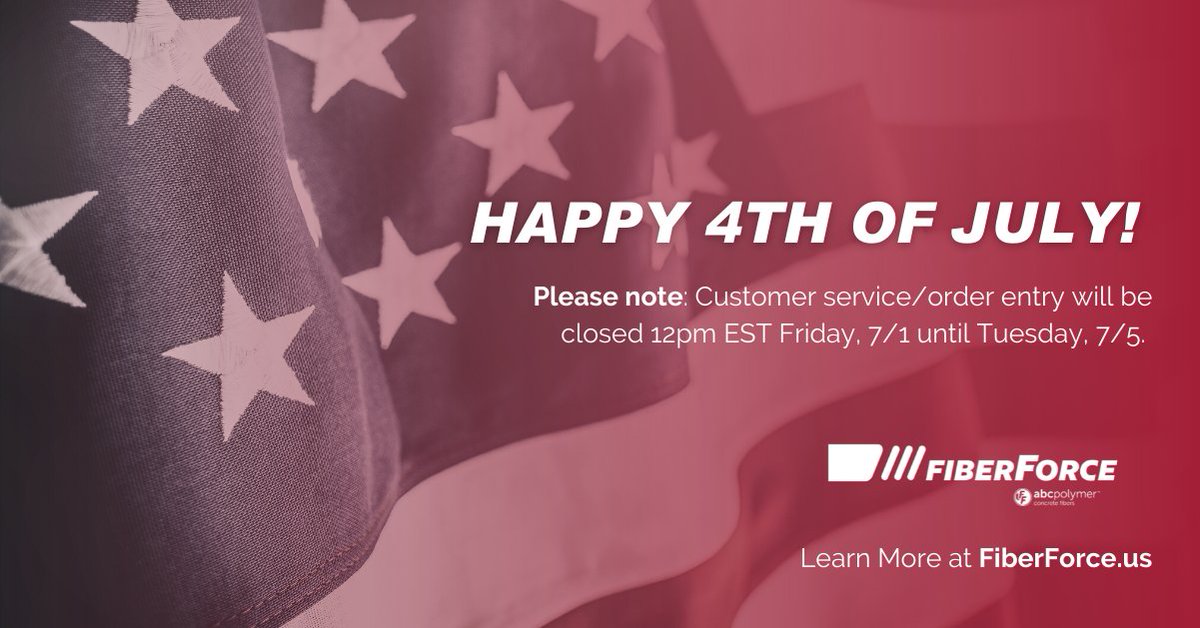 abcFiberForce's tweet image. Wishing you and your family a happy 4th of July!

Please note: Customer service/order entry will be closed 12pm EST Friday, 7/1 until Tuesday, 7/5. Thank you for your understanding.
 
#fiberforce #microfiber #macrofiber #concretesolutions #construction #fourthofjuly