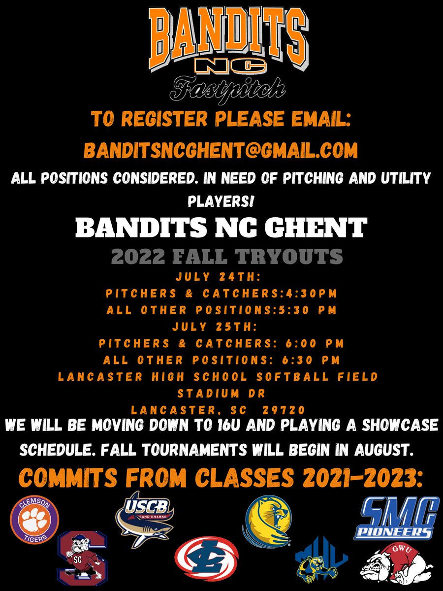 Lady Dukes Ghent/Blackmon 16U (@ladydukesghent) on Twitter photo With our senior class heading off to school in August we will be hosting tryouts July 24th and 25th! Please email banditsncghent@gmail.com to register!The purpose of this team is to grow athletically as well as mentally to showcase softball skills in front of college coaches. With our senior class heading off to school in August we will be hosting tryouts July 24th and 25th! Please email banditsncghent@gmail.com to register!The purpose of this team is to grow athletically as well as mentally to showcase softball skills in front of college coaches.