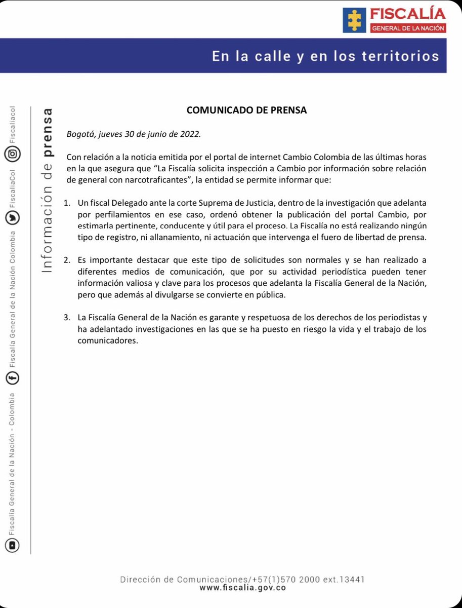 DCoronell's tweet photo. En el punto 3 de su comunicado la ⁦@FiscaliaCol⁩ reconoce que “ha adelantado investigaciones en las que se ha puesto en riesgo la vida y el trabajo de los comunicadores” https://t.co/jSznxMzH1F