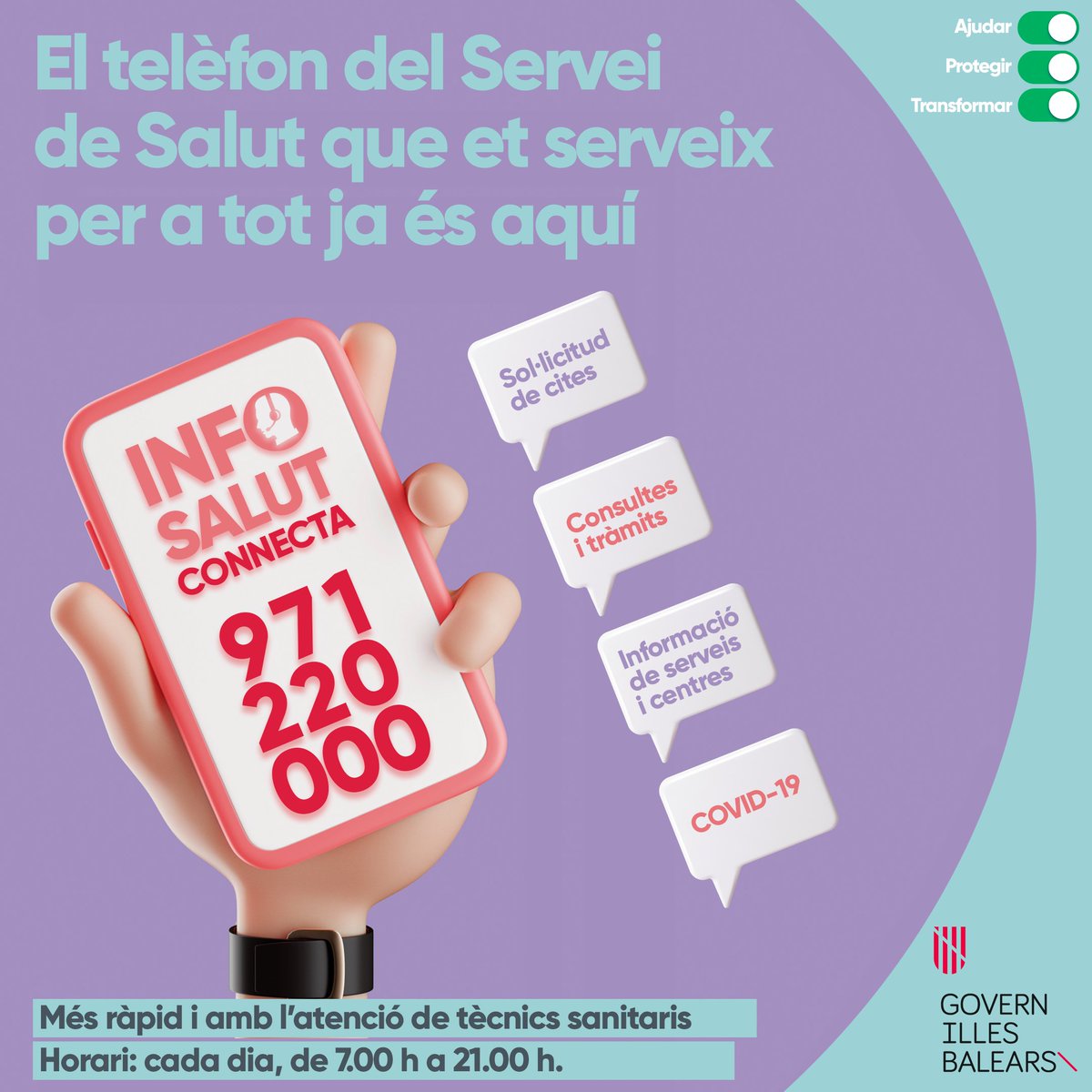 🩺 Tots els tràmits de salut, en un mateix telèfon

📞 971 220 000

#InfoSalutConnecta