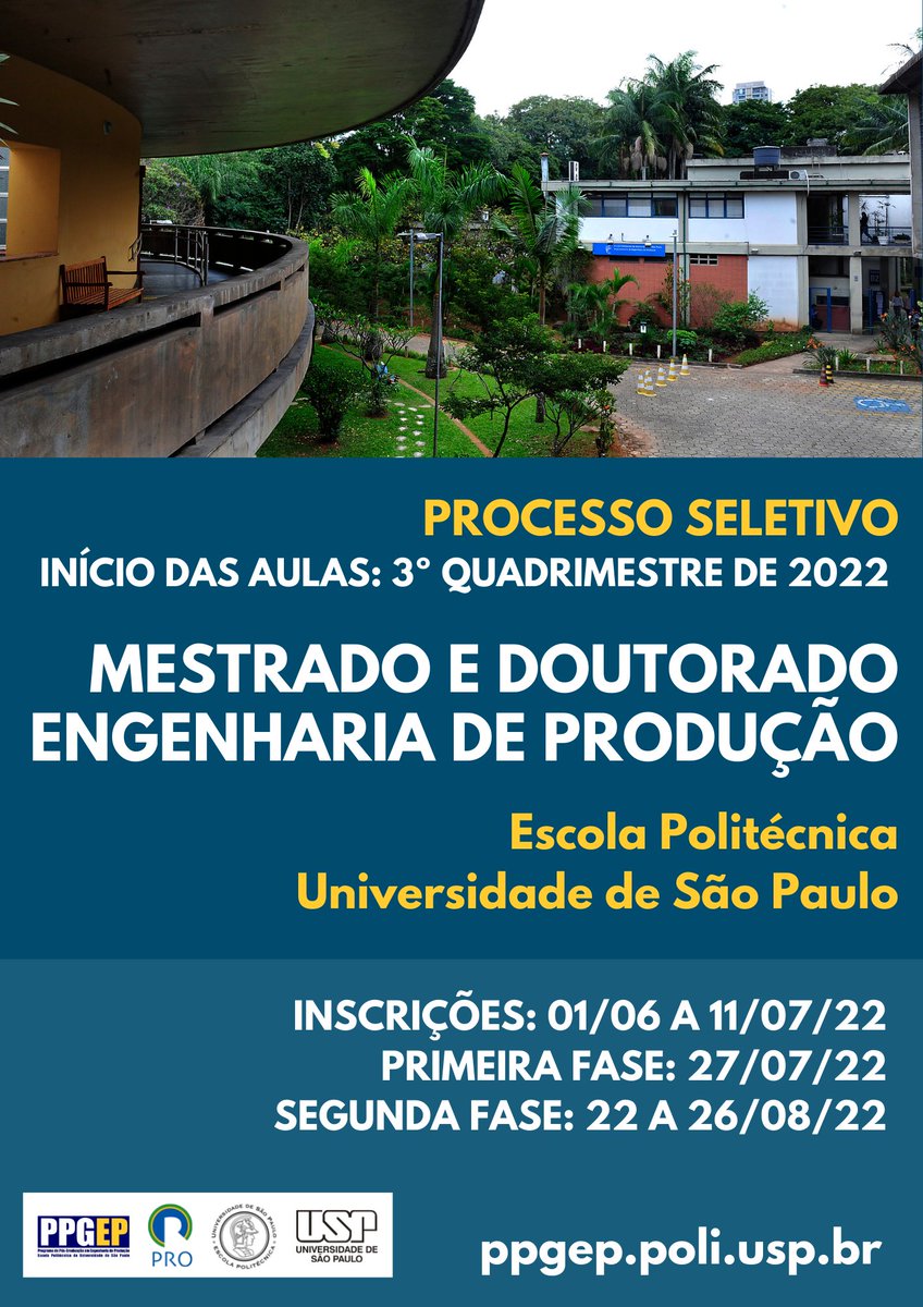 A Poli abre inscrições, entre 01 de junho a 11 de julho de 2022, do processo seletivo para os cursos de Mestrado, Doutorado e Doutorado Direto (stricto sensu) do Programa de Pós-graduação em Engenharia de Produção (PPGEP).

Saiba mais: mla.bs/dbec1ec6