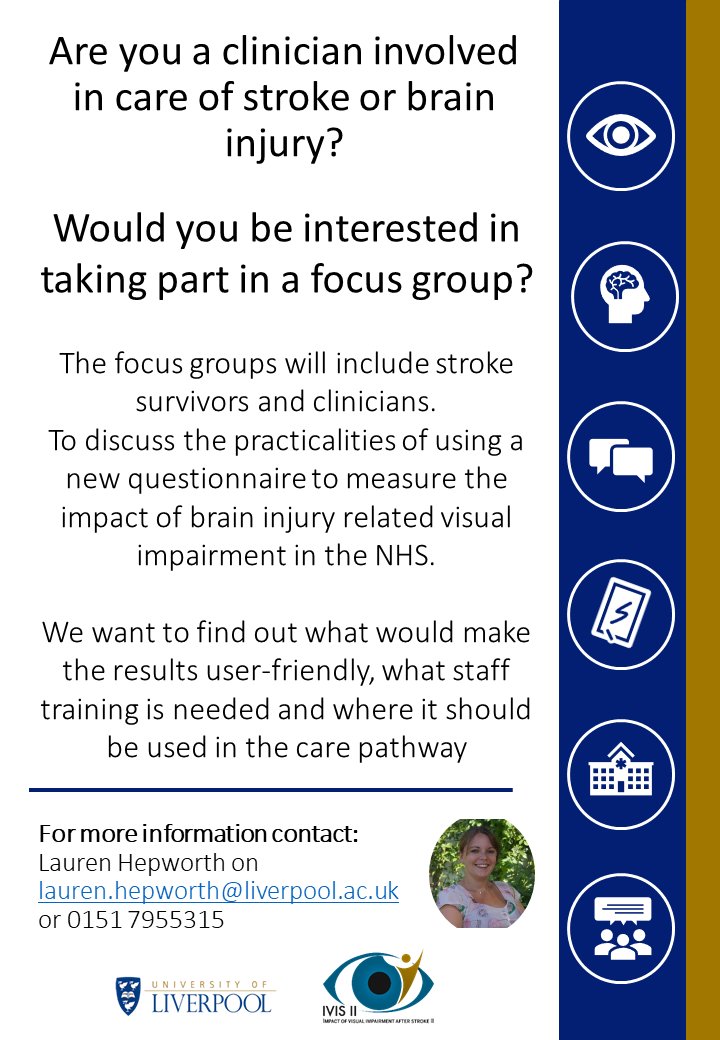 Dr Lauren Hepworth (@lauren_hepworth) on Twitter photo Are you a clinician involved in #Stroke/#BrainInjury care and interested in #VisualImpairment? Would you like to take part in a focus group discussing use of a new questionnaire to measure impact of brain injury related visual impairment in the NHS? @followBIOS <a href="/RCOT_NP/">RCOT Neuro Practice</a> Are you a clinician involved in #Stroke/#BrainInjury care and interested in #VisualImpairment? Would you like to take part in a focus group discussing use of a new questionnaire to measure impact of brain injury related visual impairment in the NHS? @followBIOS <a href="/RCOT_NP/">RCOT Neuro Practice</a>