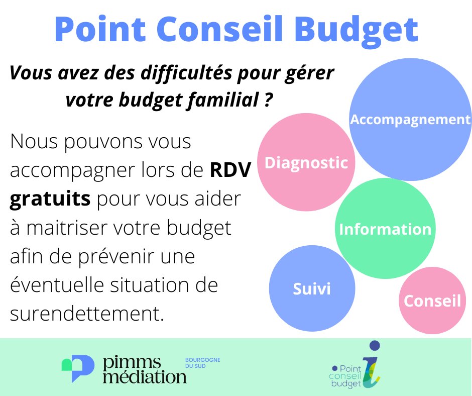 PimmsAmplepuis's tweet image. 📂Le #Pimms Médiation Bourgogne du Sud est labellisé Point Conseil Budget. C’est quoi ?

👥Le Point Conseil Budget a pour but d’accompagner les personnes dans la gestion de leur budget, de prévenir les situations de surendettement par un accompagnement personnalisé.

#PCB #Budget