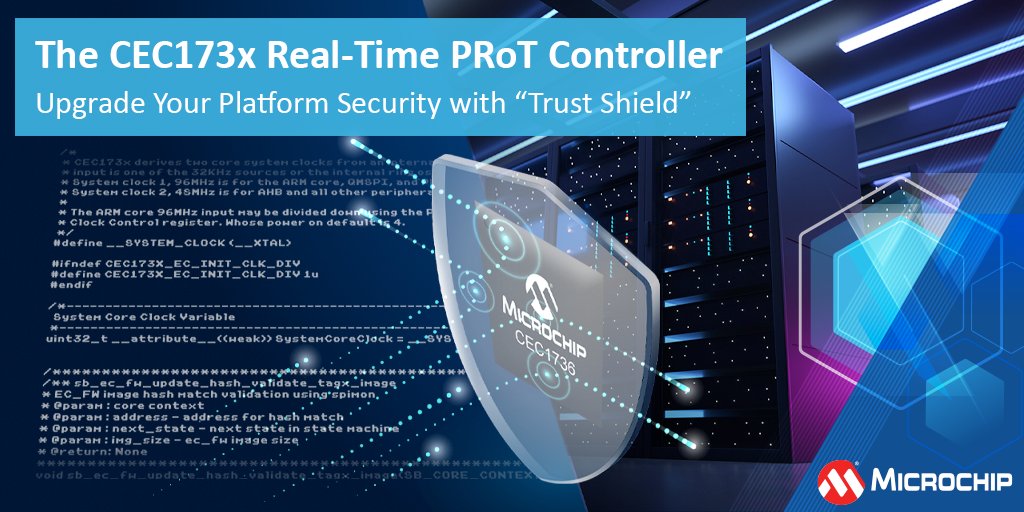 MicrochipTech's tweet photo. The CEC173x Trust Shield Family brings next generation, real-time platform root of trust to the OCP (Open Compute Project), DC-SCM (Data Secure Control Module). Learn more: https://t.co/JXONT7FEJA. #trustshield #cec173x #cec1736 https://t.co/WyQiO3xcqy