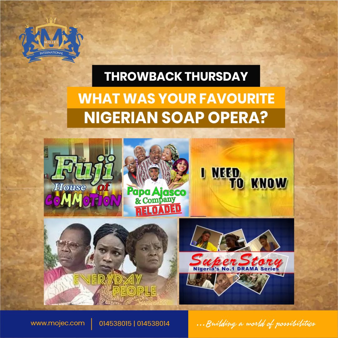 MojecIntlLtd's tweet photo. We thought you should reminisce a little bit. Let's go back in time to the days where missing out on a Nigerian Soap Opera was a 'crime'.
Tell us your Favourite Throwback Soap Opera.
#MojecMeters #Mojec #MojecInternationalLtd #ThrowbackThursday https://t.co/7W5difQXI7