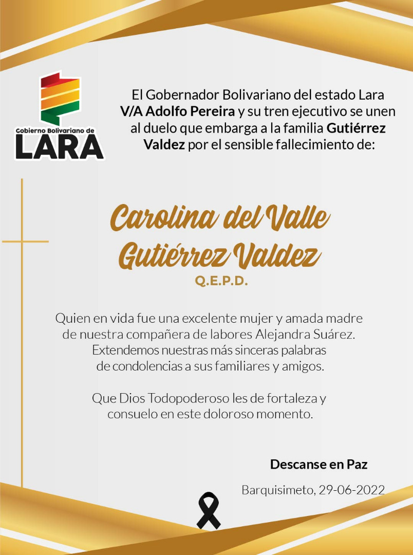 ✝️Desde el Gobierno Bolivariano del estado Lara, expresamos nuestras más sinceras palabras de condolencias a nuestra compañera y amiga Alejandra Suárez por el sensible fallecimiento de su amada madre. 

¡Vuelve alto Sra. Carolina Gutiérrez! 🙏
