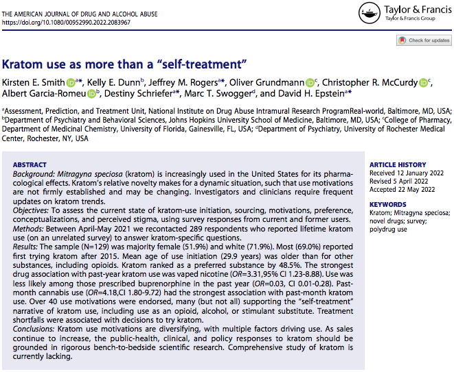 American Journal of Drug and Alcohol Abuse (AJDAA) (@ajdaajournal) on Twitter photo Kratom use as more than a “self-treatment”
@KirstenElinS, <a href="/DrKellyDunn/">Kelly Dunn, PhD, MBA</a>, <a href="/YirgacheffeJeff/">Jeff Rogers</a>, Oliver Grundmann, <a href="/DrCRMcCurdy/">Christopher R McCurdy</a>, Albert Garcia-Romeu, @DSchrief97, <a href="/MarcSwogger/">Marc Swogger</a>, <a href="/David_NeverDave/">David Epstein (Bluesky: davidnotdave.bsky.social)</a>
→doi.org/10.1080/009529…
#Kratom #MitragynaSpeciosa #KratomUse #PolydrugUse #SubstanceUse Kratom use as more than a “self-treatment”
@KirstenElinS, <a href="/DrKellyDunn/">Kelly Dunn, PhD, MBA</a>, <a href="/YirgacheffeJeff/">Jeff Rogers</a>, Oliver Grundmann, <a href="/DrCRMcCurdy/">Christopher R McCurdy</a>, Albert Garcia-Romeu, @DSchrief97, <a href="/MarcSwogger/">Marc Swogger</a>, <a href="/David_NeverDave/">David Epstein (Bluesky: davidnotdave.bsky.social)</a>
→doi.org/10.1080/009529…
#Kratom #MitragynaSpeciosa #KratomUse #PolydrugUse #SubstanceUse