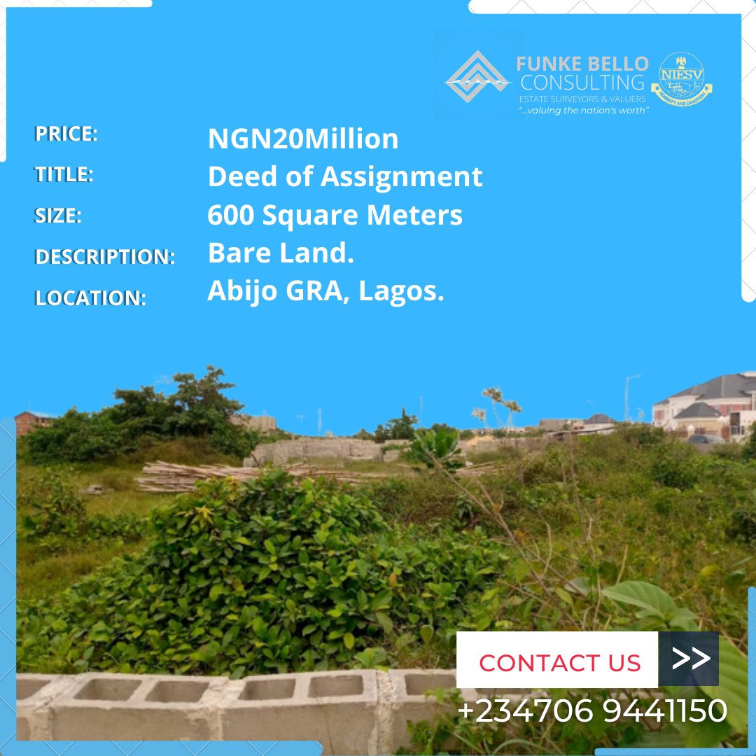 funkebellocons1's tweet photo. Bare land measuring 600sqm (60x120ft).

Location: Abijo GRA, Lagos.

Title: Deed of Assignment.

Price: #20m

For enquires, call ESV Oluwafunke Bello

#abijo #gra #land #bareland #landforsale #niesv #virginland #esv #rsv #title #primeland https://t.co/odzLP6ngog