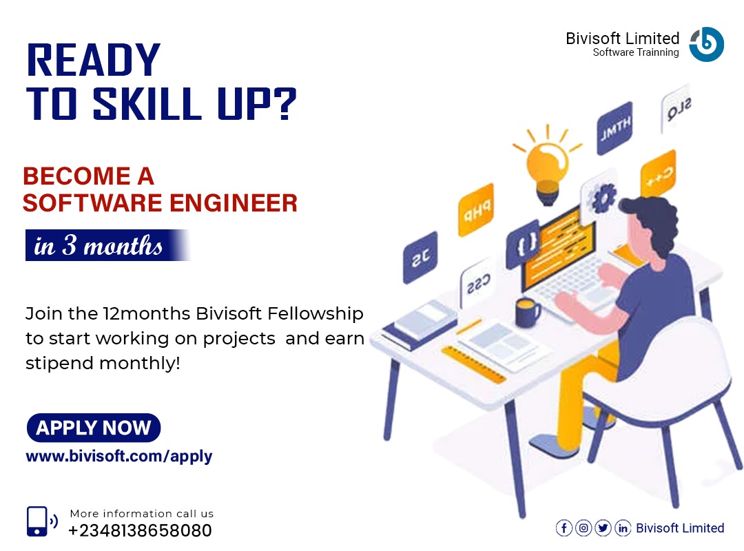 bivisoft's tweet photo. Are you unemployed? Do you need a Job? Skill up and become a boss of your own, learn to code now and become a full-stack software engineer in 12 months! Hurry and apply now! Limited space #bivisoft #softwareengineer #coding #training #employmentopportunities https://t.co/P5qP5ApbK9