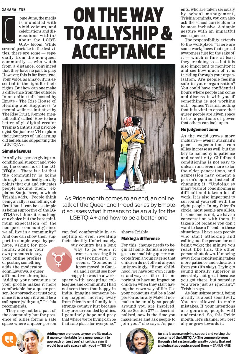 As #PrideMonth comes to an end, an online talk by Emote - The Rise House of Healing and Happiness, a mental wellness initiative, discusses how to be a better #ally for the #LGBTQIA+.
<a href="/NewIndianXpress/">The New Indian Express</a> <a href="/xpresstn/">TNIE Tamil Nadu</a> <a href="/SahanaIyer5/">Sahana Iyer</a> 
Read here: bit.ly/3ywvVj4