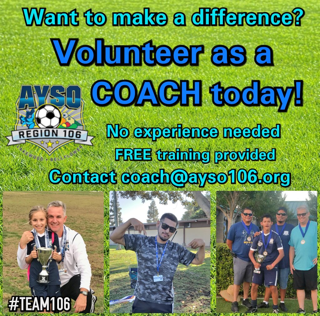 AYSO106's tweet photo. #team106
Volunteer as a Coach today! Contact Coach@ayso106.org for more information. #ayso106 https://t.co/lguXPas8Jh