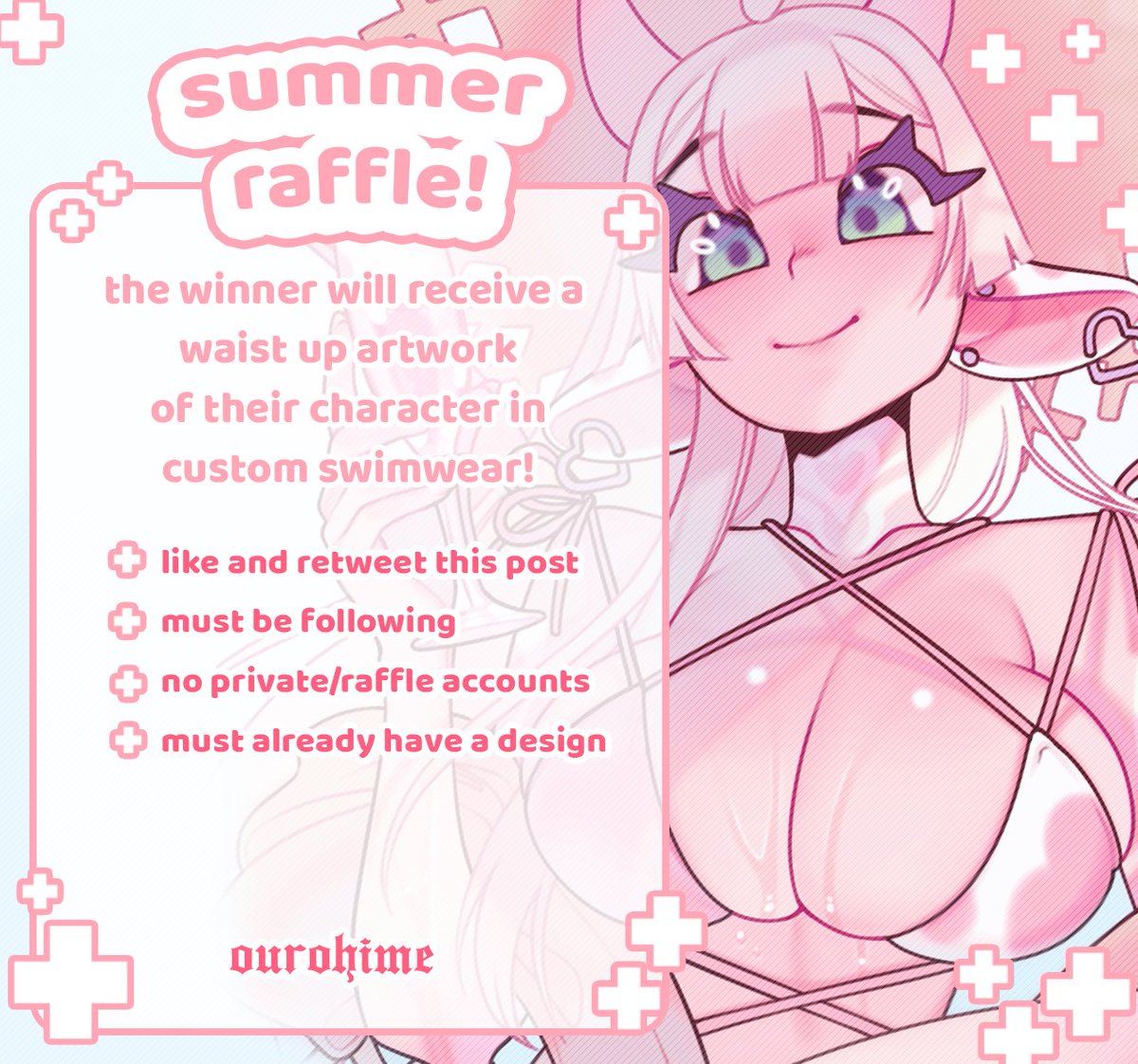 ROOKIEHIME's tweet photo. 🌸summer raffle!🌸

it's summer! that means swimwear! the winner will receive a waist up artwork of their character in custom swimwear based on their design!

How to enter:
🍨 follow me
🍨 like and retweet
🍨 (optional) post ur design! i might draw freebies! (SFW pls)

END 14 JUL https://t.co/x61yAqlkVh