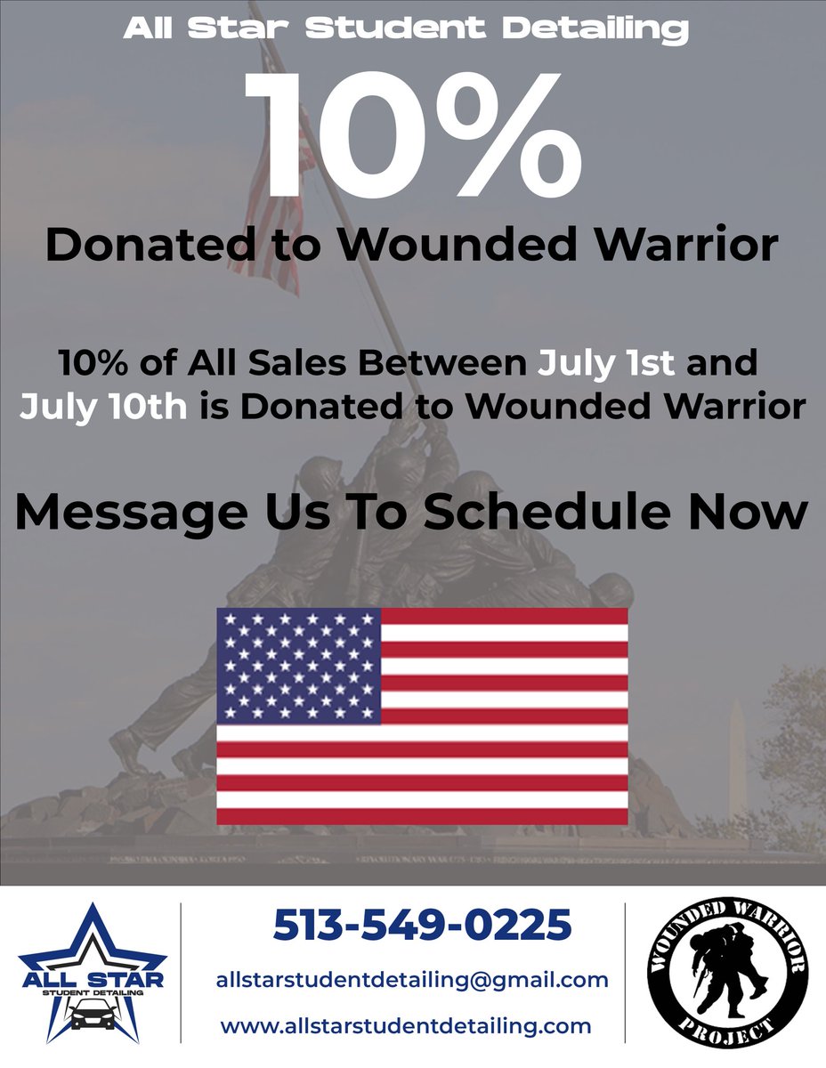 In celebration of the 4th of July We are giving 10% of all sales to The Wounded Warrior Project. We are all so grateful for their service and sacrifice for our country. We will be giving 10% of our sales through July 10th. Thank you to all who have served🙏

#cardetailing #Cincy